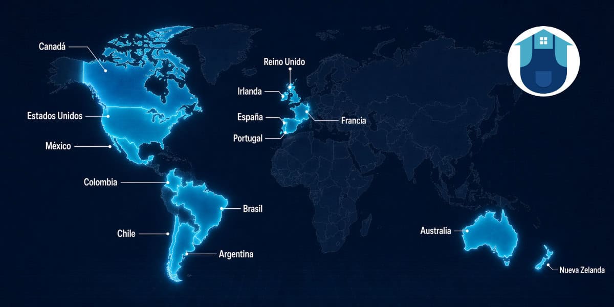 Mapa mundial SendWork con 14 países activos resaltados en cian – México, Colombia, Chile, Argentina, España, Brasil, Portugal, Francia, Irlanda, Reino Unido, Canadá, Estados Unidos, Australia, Nueva Zelanda