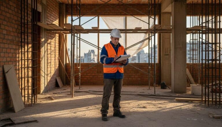 Contratista argentino con casco y chaleco revisando documentos de ART obligatoria en obra de construcción