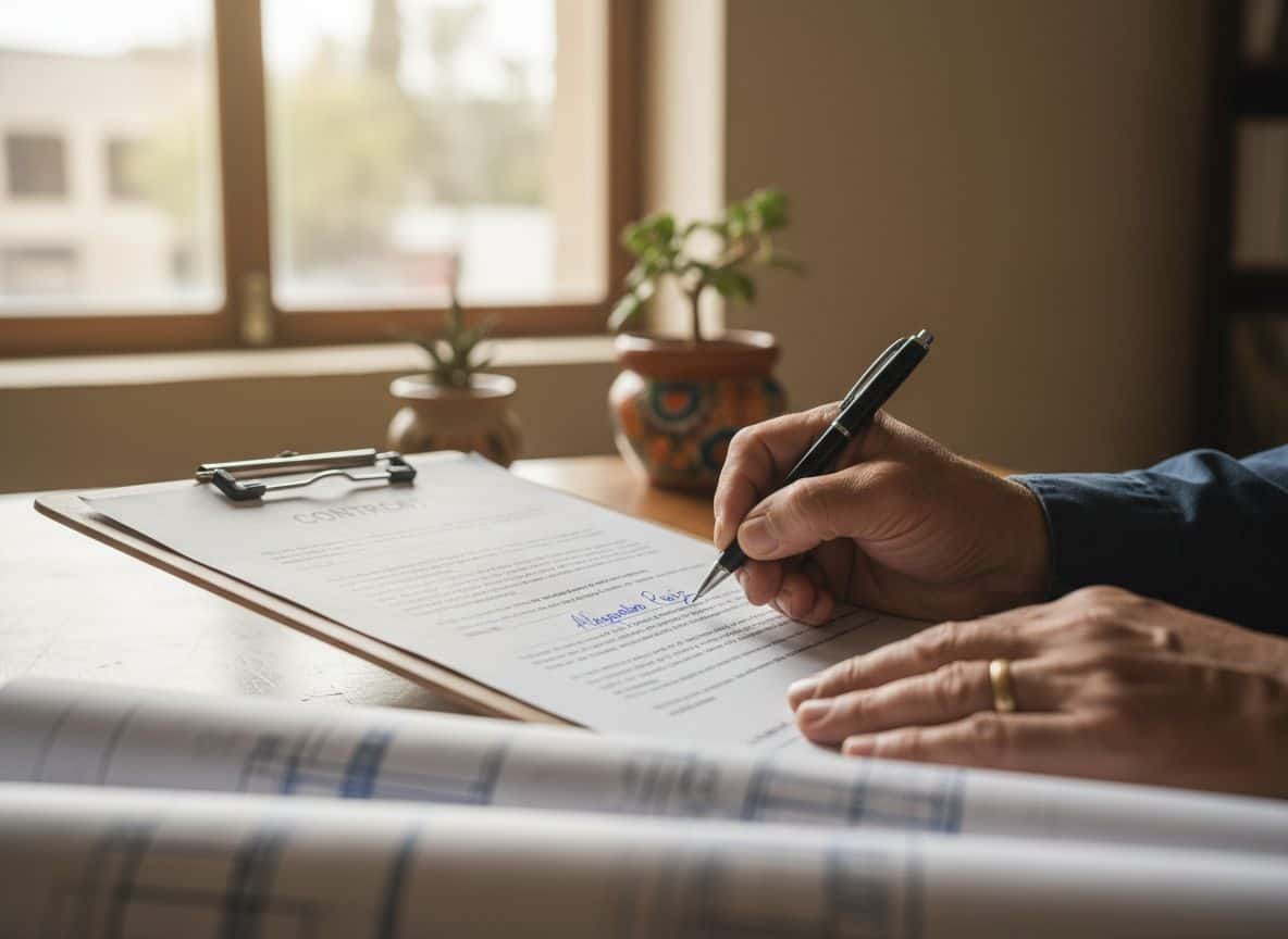 Manos de contratista firmando contrato escrito con planos de construcción en escritorio