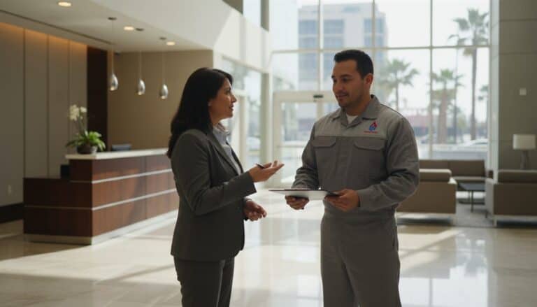 Técnico HVAC presentando propuesta de contrato de mantenimiento a administradora de edificio comercial