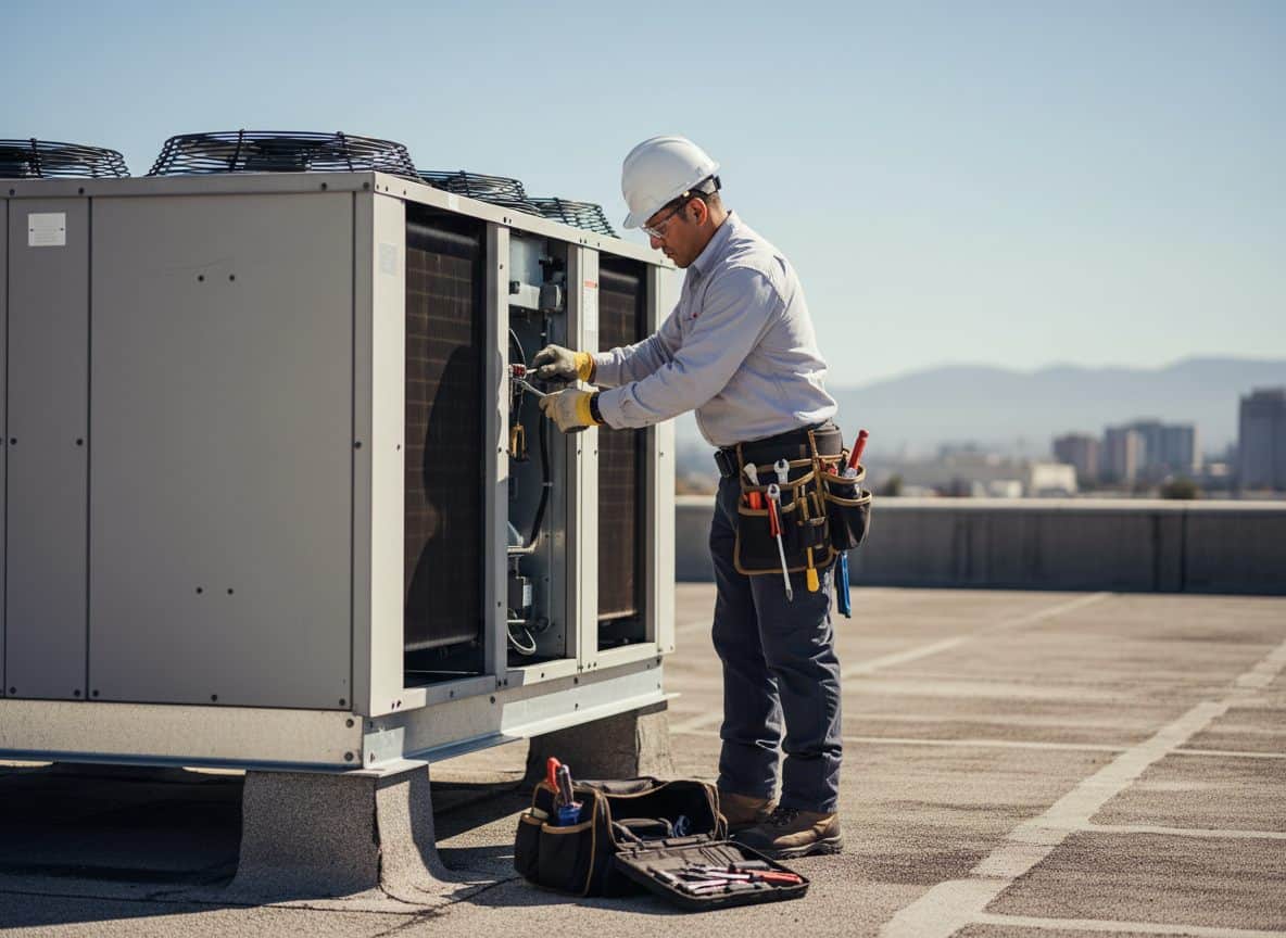 Técnico HVAC realizando mantenimiento preventivo en unidad de aire acondicionado en azotea comercial