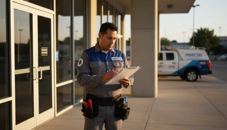 Técnico de control de plagas revisando contratos de servicio junto a propiedad comercial