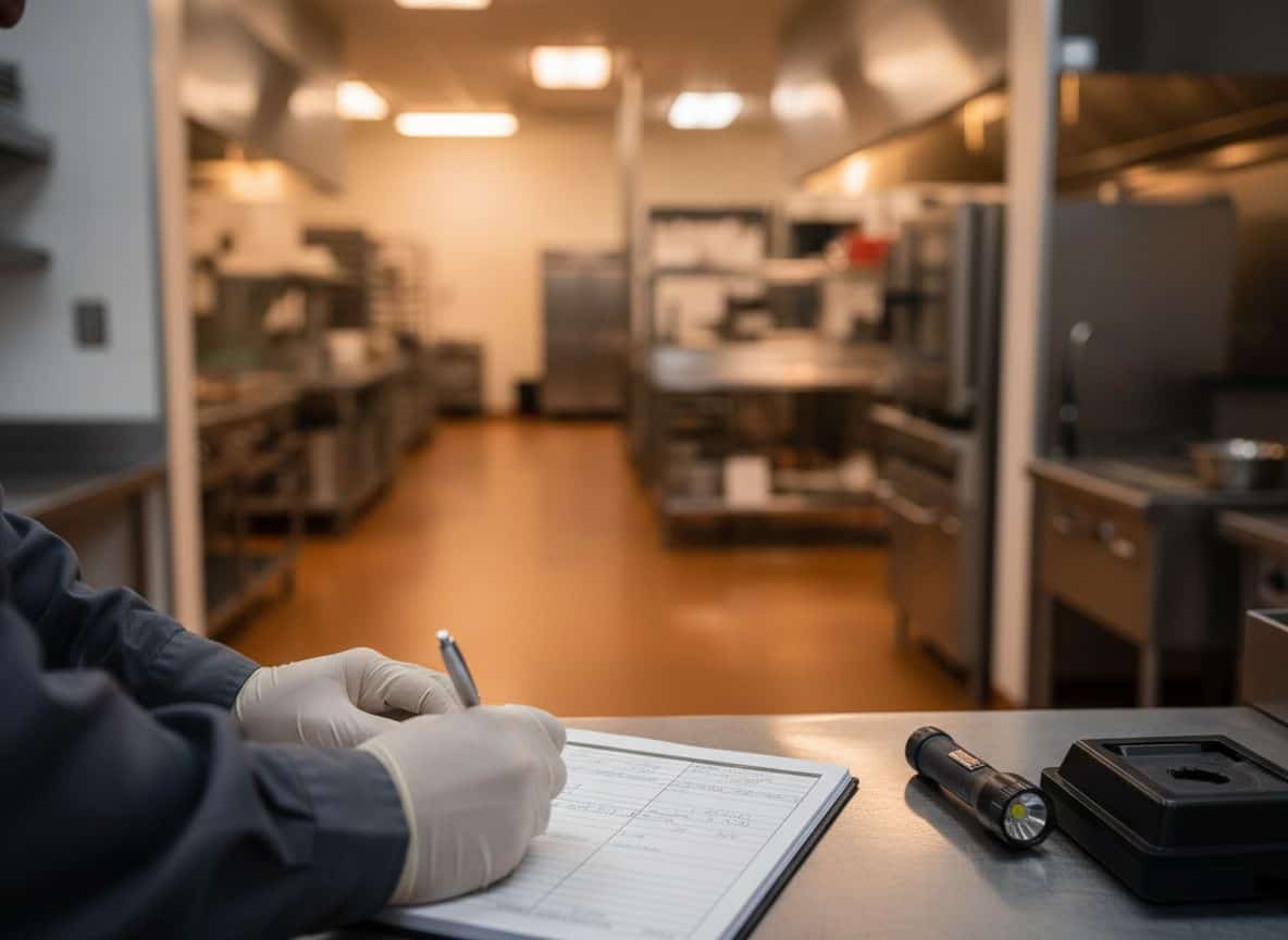 Técnico de control de plagas documentando inspección en bitácora de servicio en cocina comercial