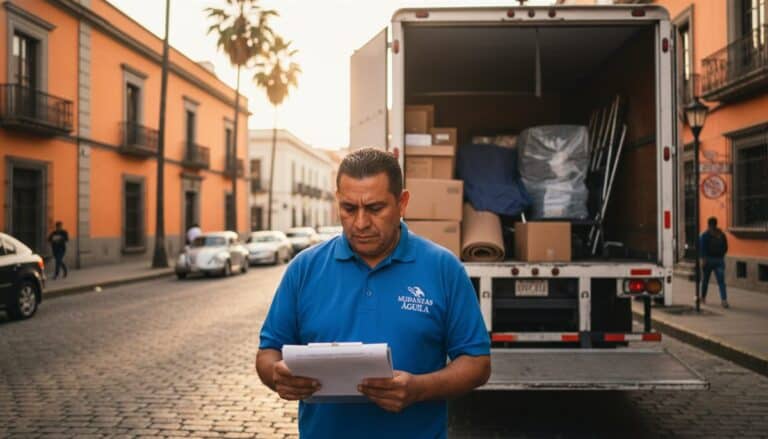 Operador de mudanzas mexicano revisando cotización frente a camión cargado