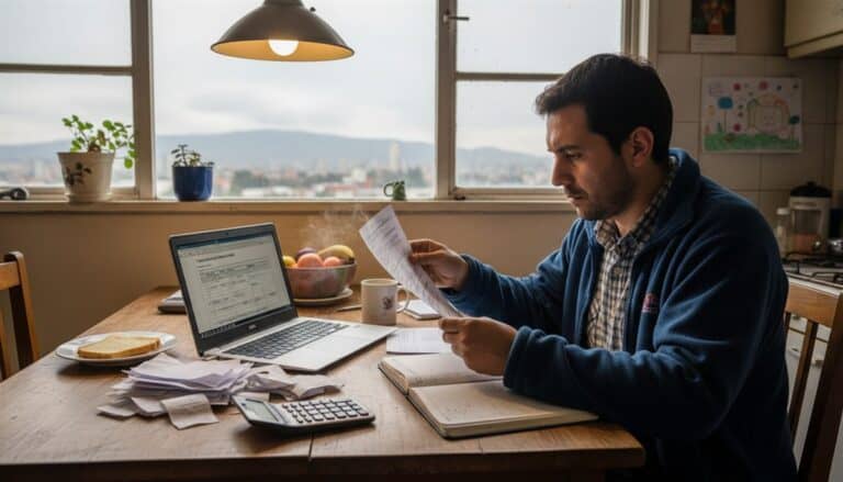 Contratista chileno calculando cotizaciones obligatorias AFP y salud en mesa de trabajo con laptop
