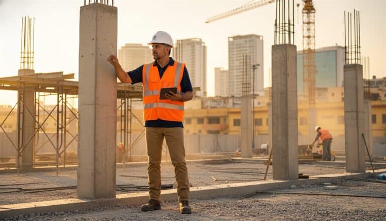 Contratista general latinoamericano con casco y chaleco revisando tablet en obra de construcción al atardecer