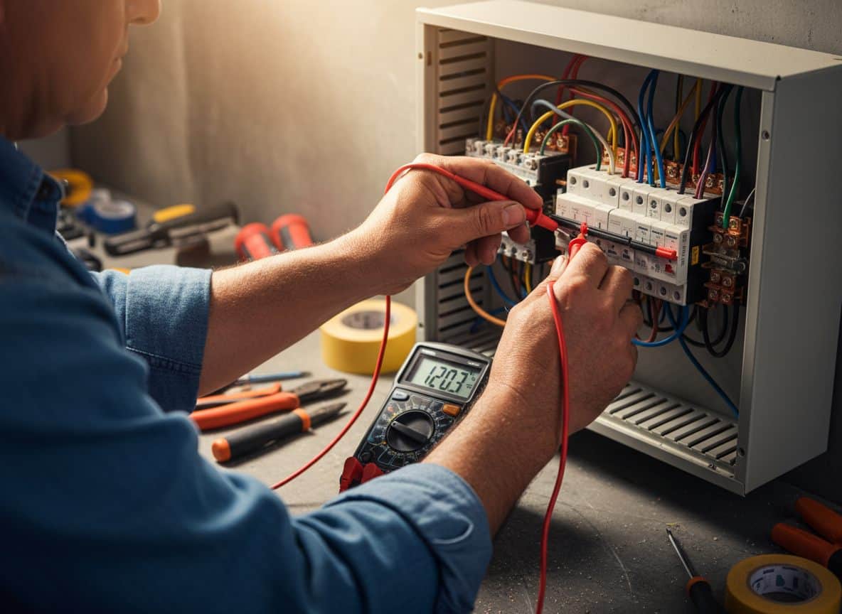 Electricista trabajando en panel eléctrico comercial con multímetro durante servicio de emergencia