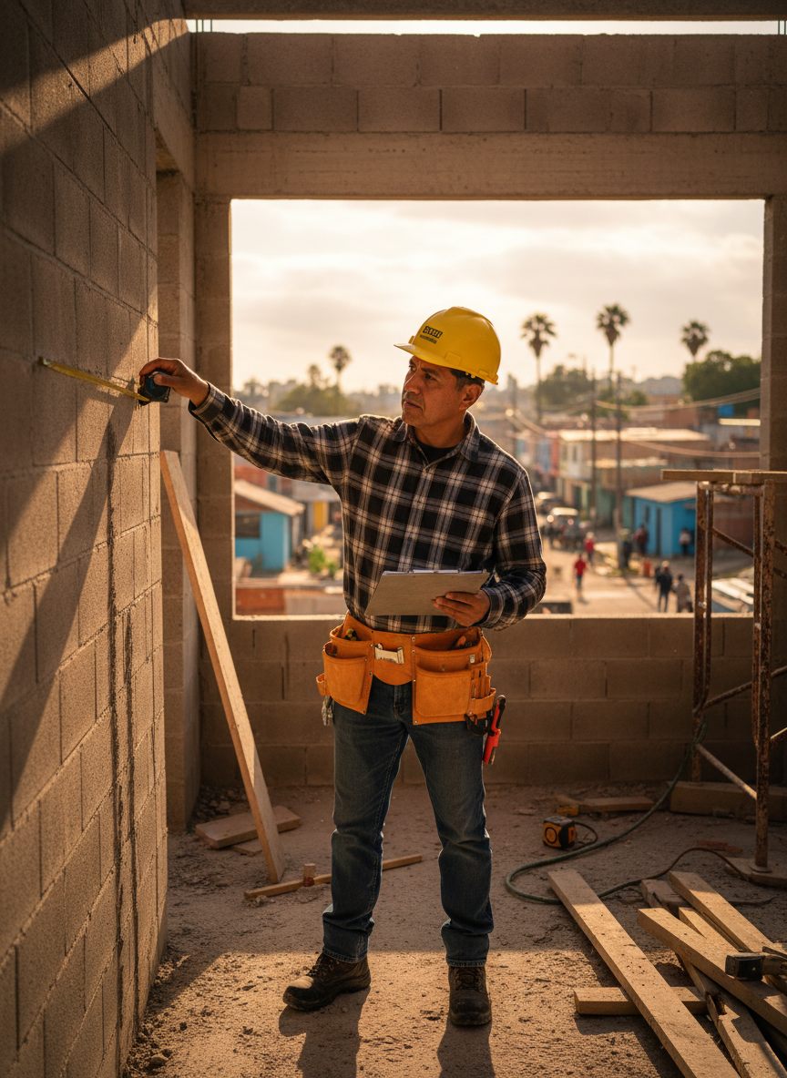 Contratista midiendo y revisando trabajo en obra residencial