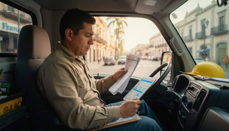 Contratista mexicano revisando documentos de facturación CFDI en su camioneta de trabajo