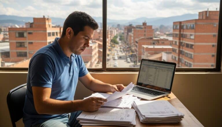 Contratista colombiano revisando documentación de facturación electrónica en su oficina