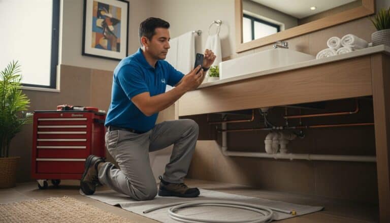 Plomero latinoamericano documentando trabajo terminado con su teléfono en un baño residencial