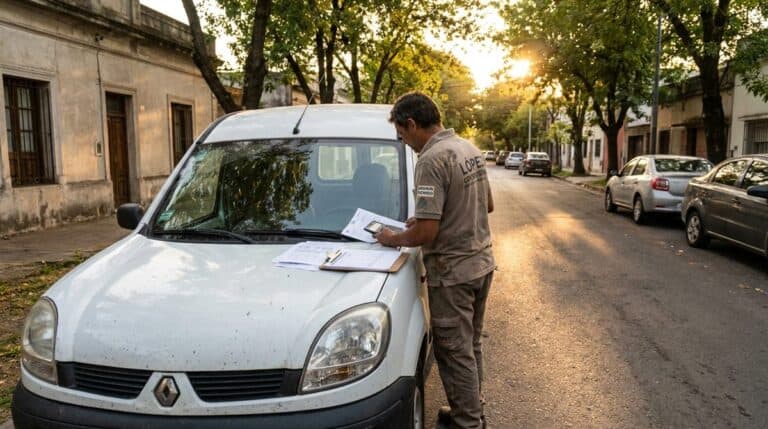Contratista revisando errores de cotización junto a su vehículo de servicio