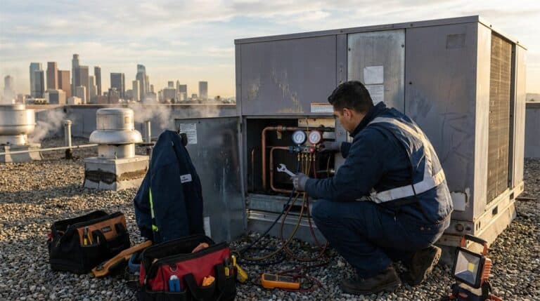 Técnico realizando mantenimiento preventivo HVAC comercial en unidad de azotea