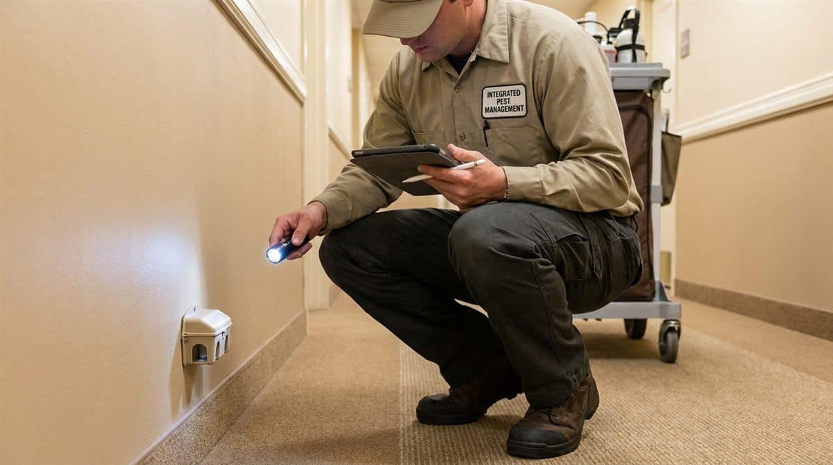Técnico de control de plagas inspeccionando dispositivo de monitoreo en pasillo de hotel
