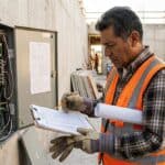 Electricista revisando presupuestos eléctricos y planos en sitio de construcción