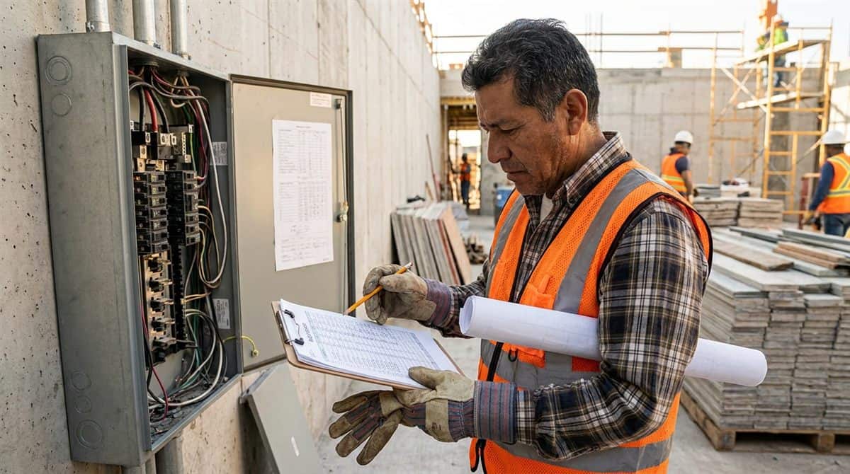 Electricista revisando presupuestos eléctricos y planos en sitio de construcción