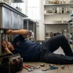 Plomero trabajando bajo fregadero de cocina comercial