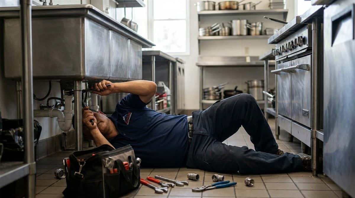 Plomero trabajando bajo fregadero de cocina comercial