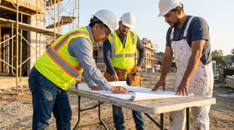 Contratista general coordinando con subcontratistas en obra de construcción