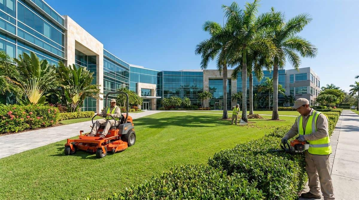 Equipo de jardinería comercial manteniendo áreas verdes de parque corporativo