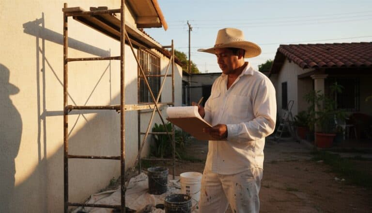 Pintor latinoamericano revisando presupuestos de pintura junto a una fachada residencial