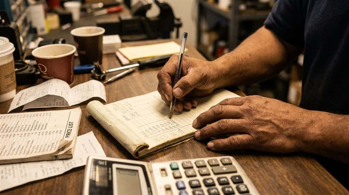Contratista escribiendo presupuesto detallado en escritorio de trabajo
