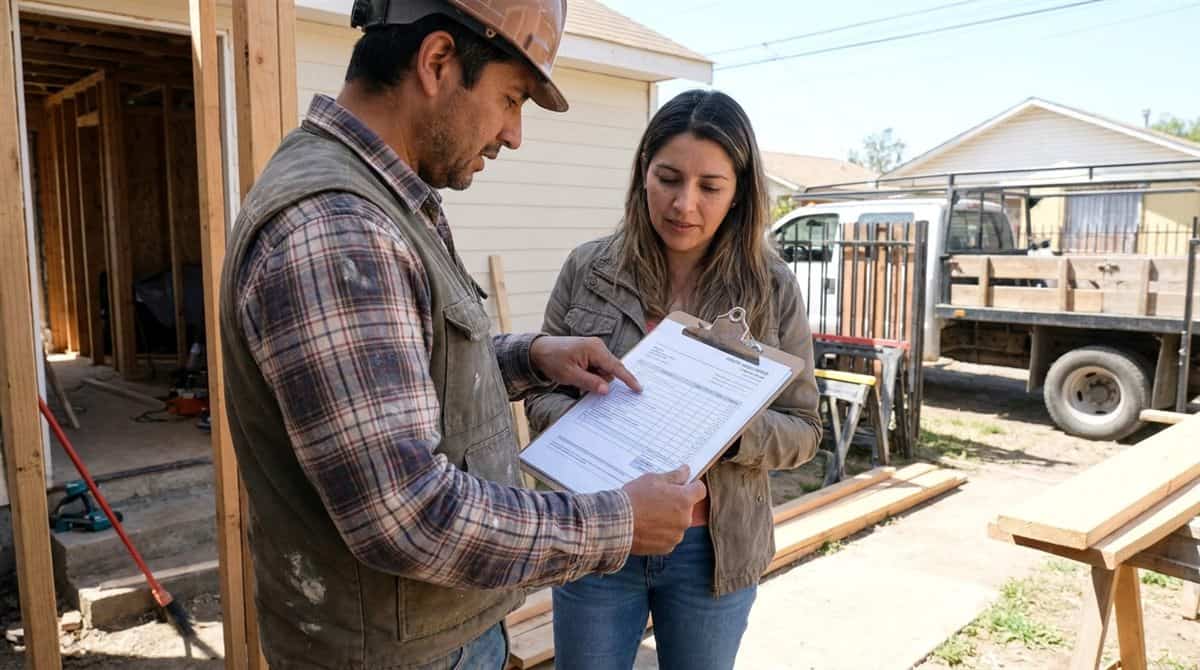 Contratista mostrando cotización profesional a cliente en obra