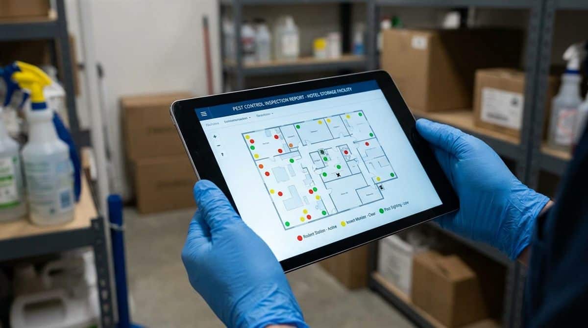 Tablet mostrando mapa de monitoreo de plagas con niveles de actividad por zona