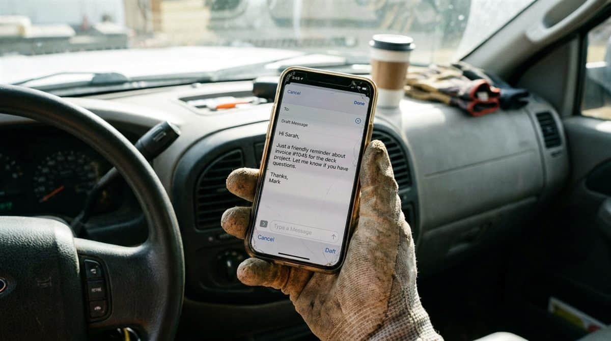 Mano de contratista enviando recordatorio de pago desde cabina de vehículo de trabajo
