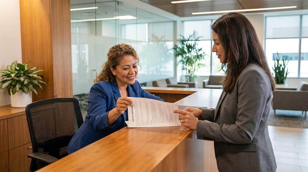 Dueña de empresa de limpieza presentando contrato de servicio a gerente de oficina