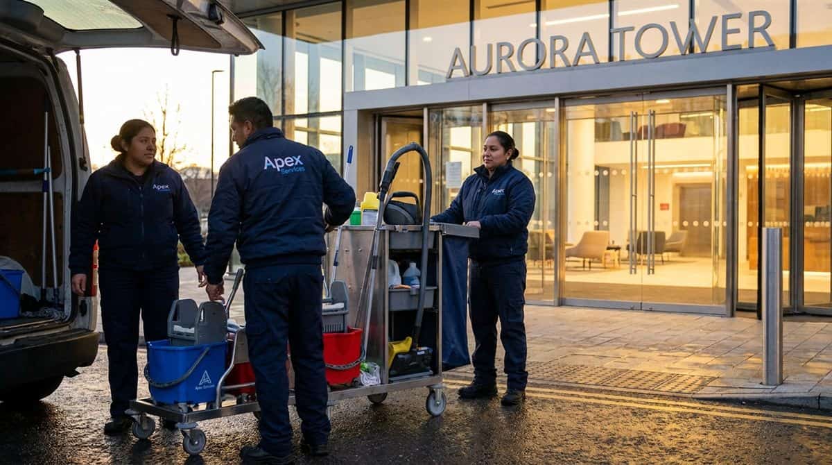 Equipo de limpieza profesional llegando a edificio comercial al amanecer