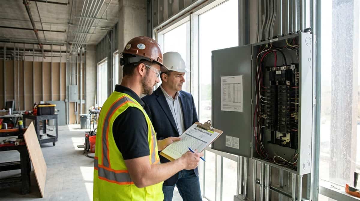 Electricista mostrando presupuesto detallado a cliente junto a panel eléctrico