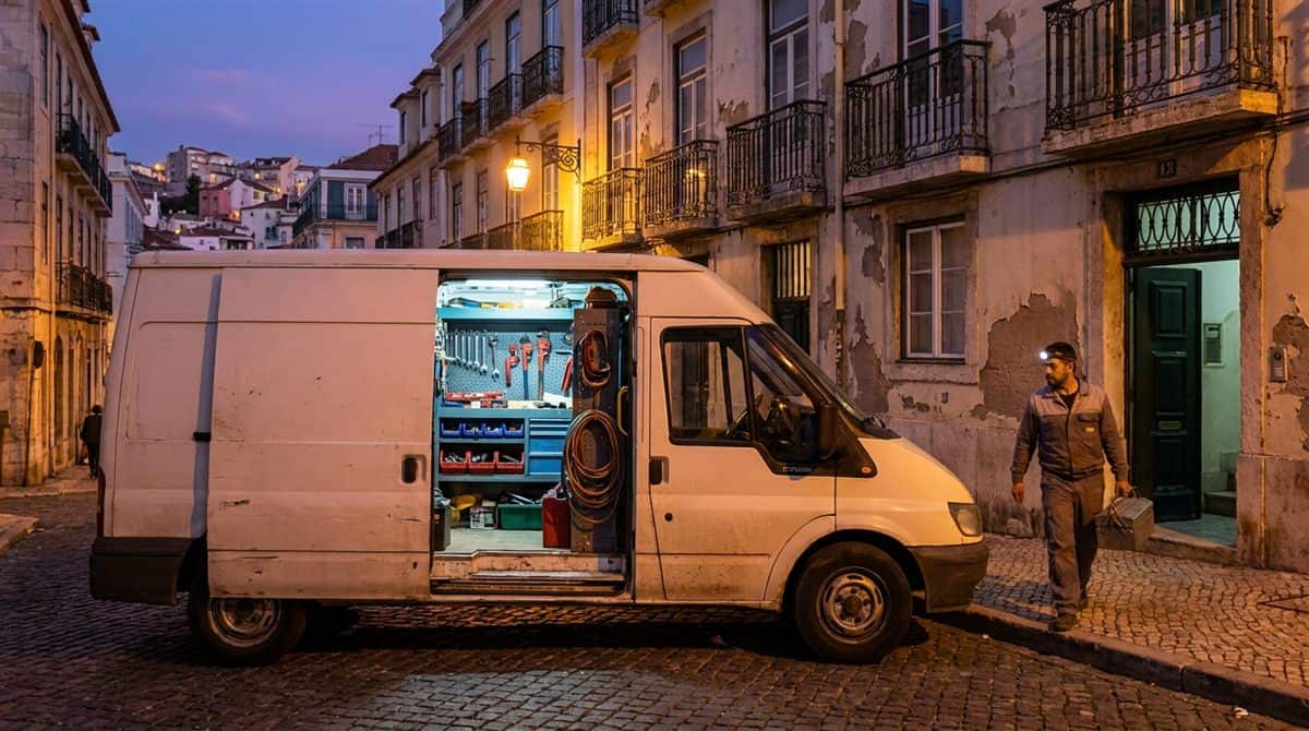 Camioneta de plomero estacionada en calle al atardecer con herramientas visibles