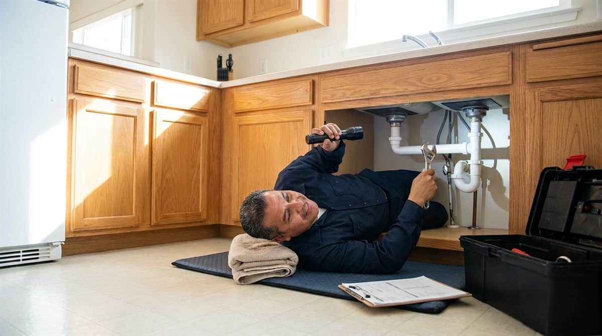 Plomero realizando inspección preventiva de tuberías bajo fregadero de cocina