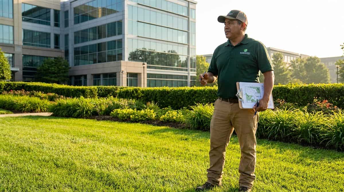 Paisajista evaluando áreas verdes de propiedad comercial con tabla de notas