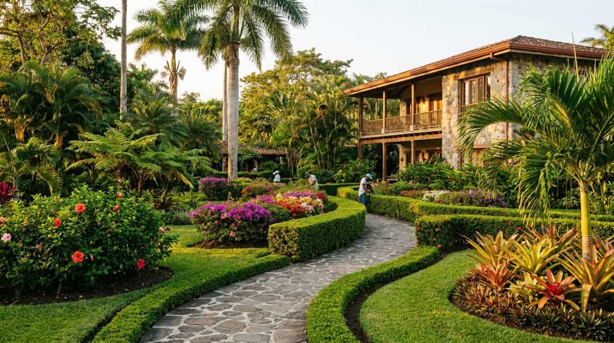 Jardín de hotel comercial perfectamente mantenido al atardecer