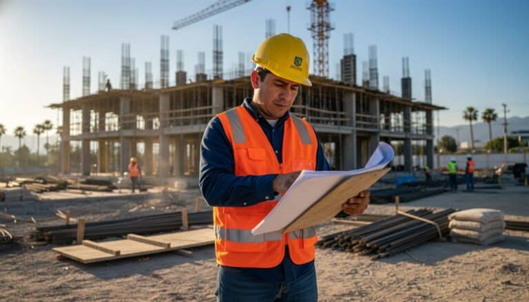 Contratista mexicano revisando licencias de construcción y permisos en obra