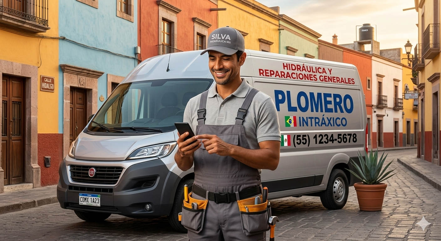 Contratista en ropa de trabajo frente a su camioneta en una calle latinoamericana colorida