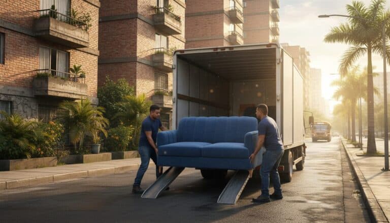 Equipo de mudanzas residenciales cargando sofá en camión en calle residencial latinoamericana