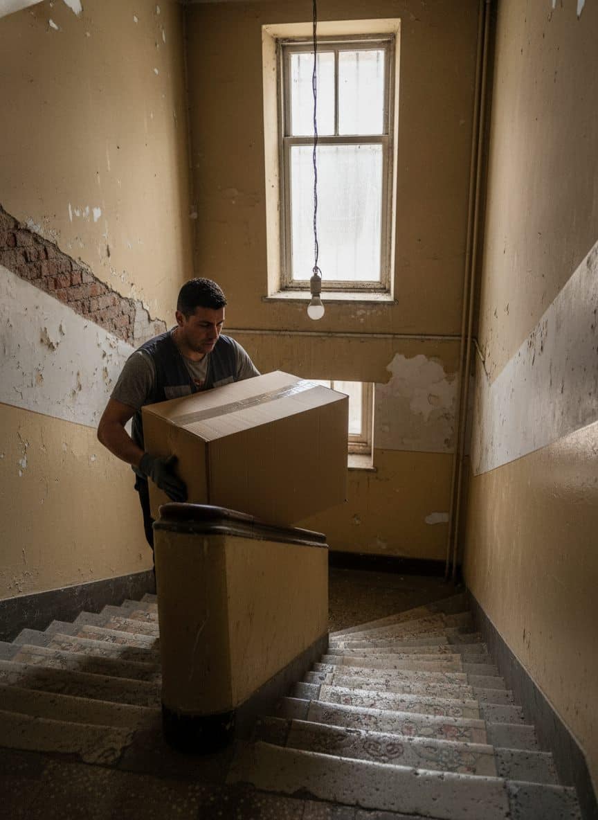 Trabajador de mudanzas bajando caja pesada por escalera estrecha en edificio de departamentos