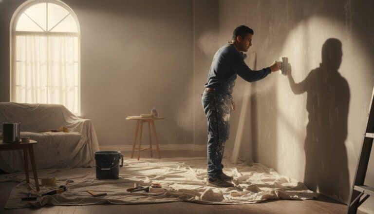 Pintor profesional realizando preparación de superficies lijando pared en obra residencial