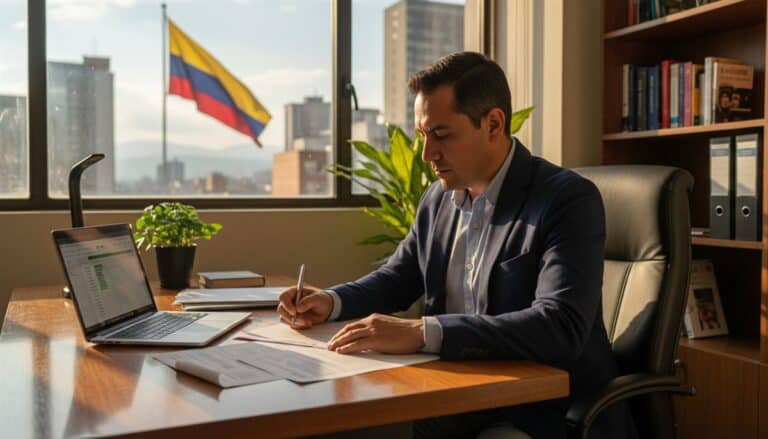 Contratista colombiano revisando documentos de RUT y registro ante la DIAN en su oficina