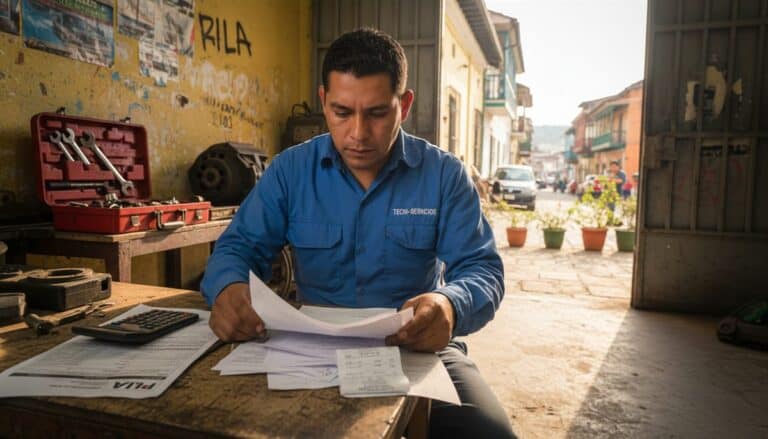 Técnico colombiano revisando comprobantes de seguridad social y aportes PILA en taller de servicios