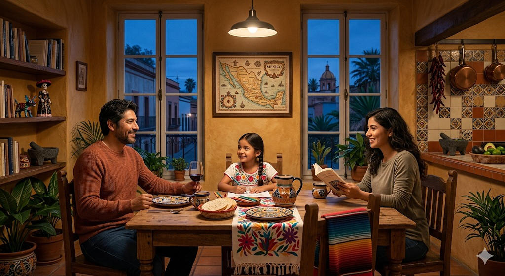 Familia en hogar latinoamericano por la noche – contratista relajado al terminar su jornada laboral