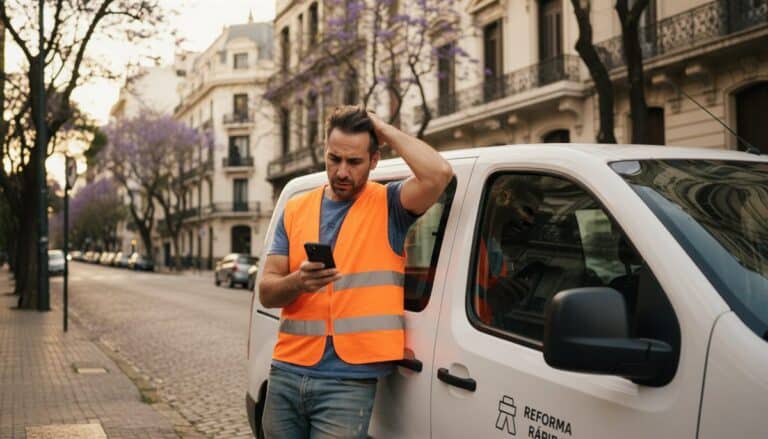 Contratista argentino revisando tarifas y costos en celular junto a camioneta de servicio en Buenos Aires