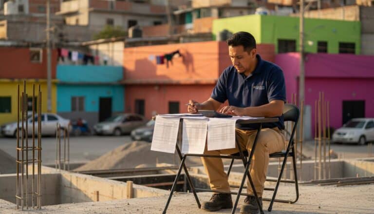 Contratista mexicano revisando tarifas y presupuestos en una obra urbana