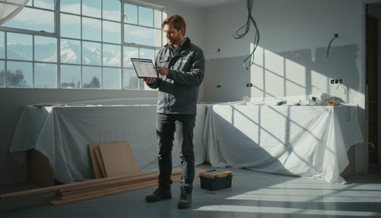 Contratista chileno revisando tarifas de servicios en tablet en renovación de departamento en Santiago