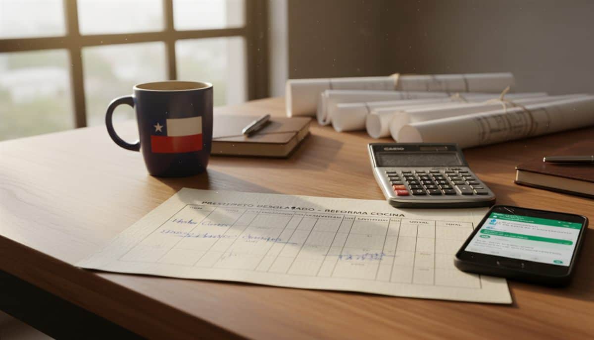 Escritorio de contratista chileno con cotización impresa, calculadora y teléfono