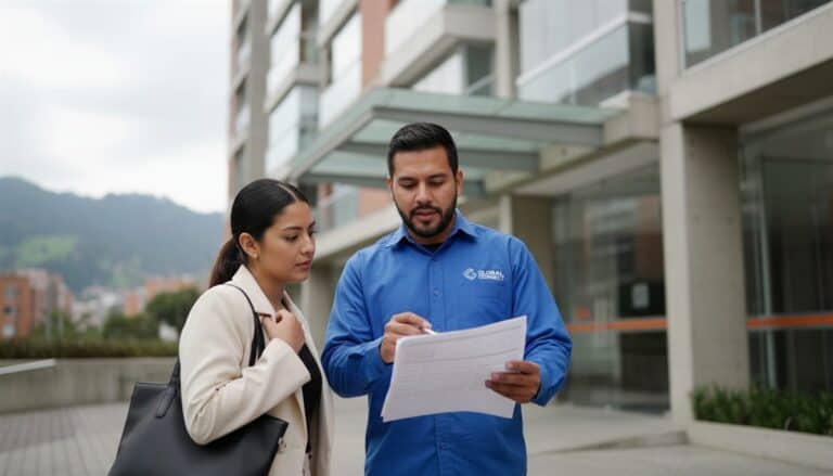 Técnico colombiano revisando cotización con cliente frente a edificio en Bogotá