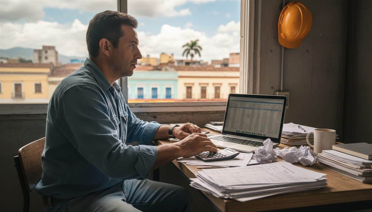 Contratista colombiano revisando tarifas en laptop en oficina con vista a ciudad